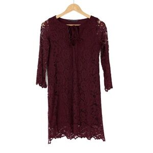 Zara Trafaluc Women’s Size XS Red Burgundy Lace Bell Sleeve Tie Neck Dress